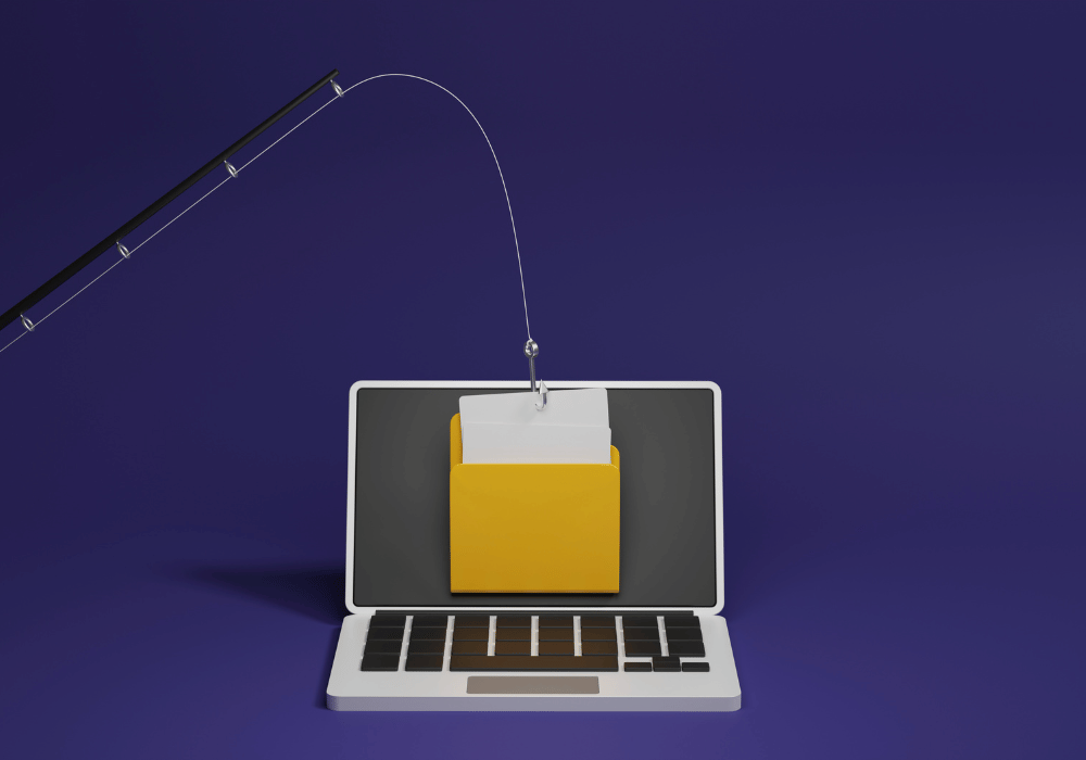 Graphic displaying an image of a laptop with a message attached to a fishing line